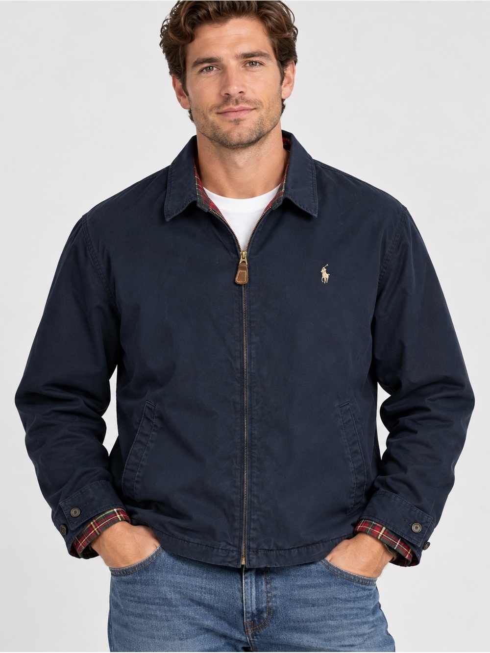 Polo Ralph Lauren Mens XXL Navy Harrington Style Golf Jacket Plaid Lined cuffs
